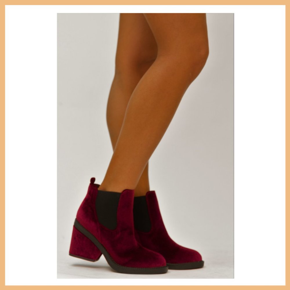 NWT Velvet Chunky Heel Ankle Bootie (Burgundy) - Picture 4 of 7
